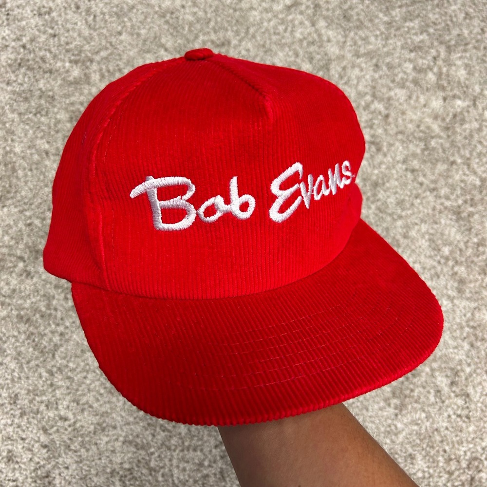 Vintage y2k‎ Bob Evans Corduroy Hat Snapback Red Spellout Like New